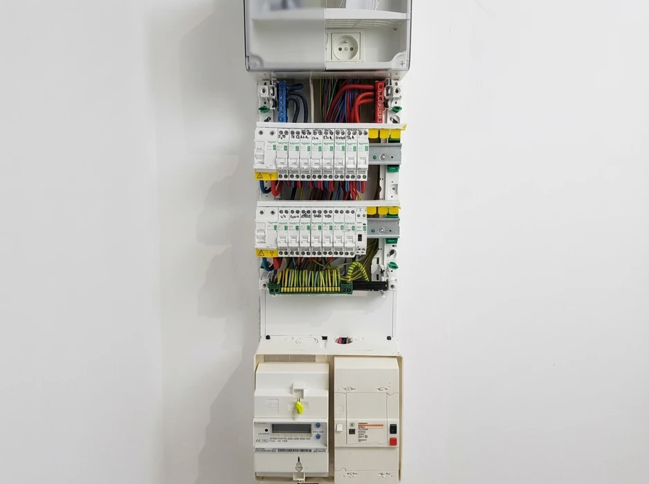 Tableau électrique résidentiel ouvert, monté en applique sur mur blanc
