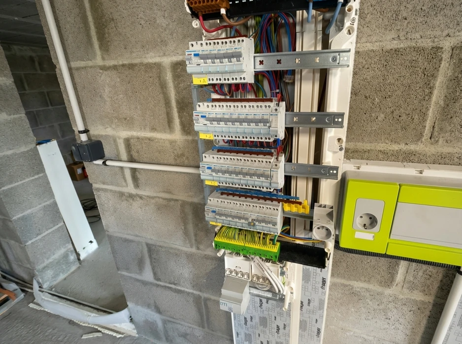 Tableau électrique résidentiel en cours d'installation, fixé sur mur en parpaings