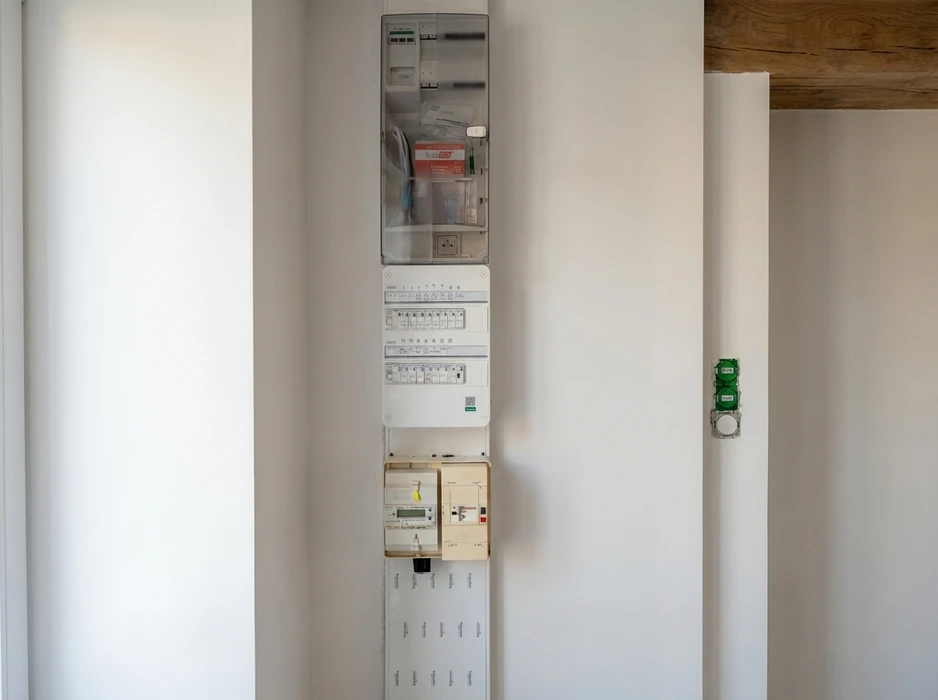 Tableau électrique encastré dans un couloir blanc, composé de trois sections verticales : coffret de communication vitré avec documents, deux rangées de disjoncteurs modulaires (DDR et disjoncteurs de phase), compteur électronique Linky avec cache de protection