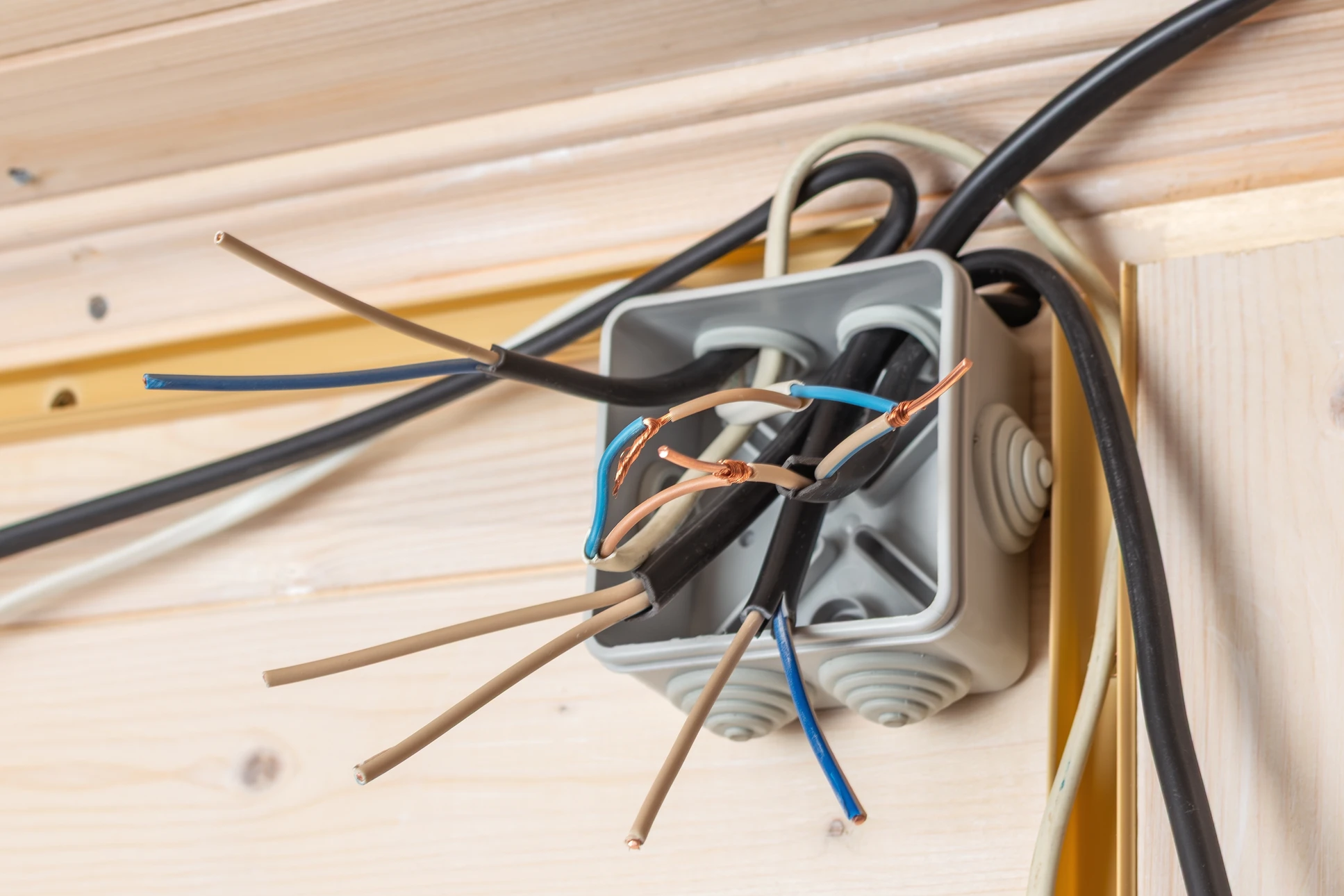 Intérieur résidentiel, mains d'électricien manipulant des fils électriques colorés sortant d'un mur, tenant un boîtier d'interrupteur blanc en cours d'installation