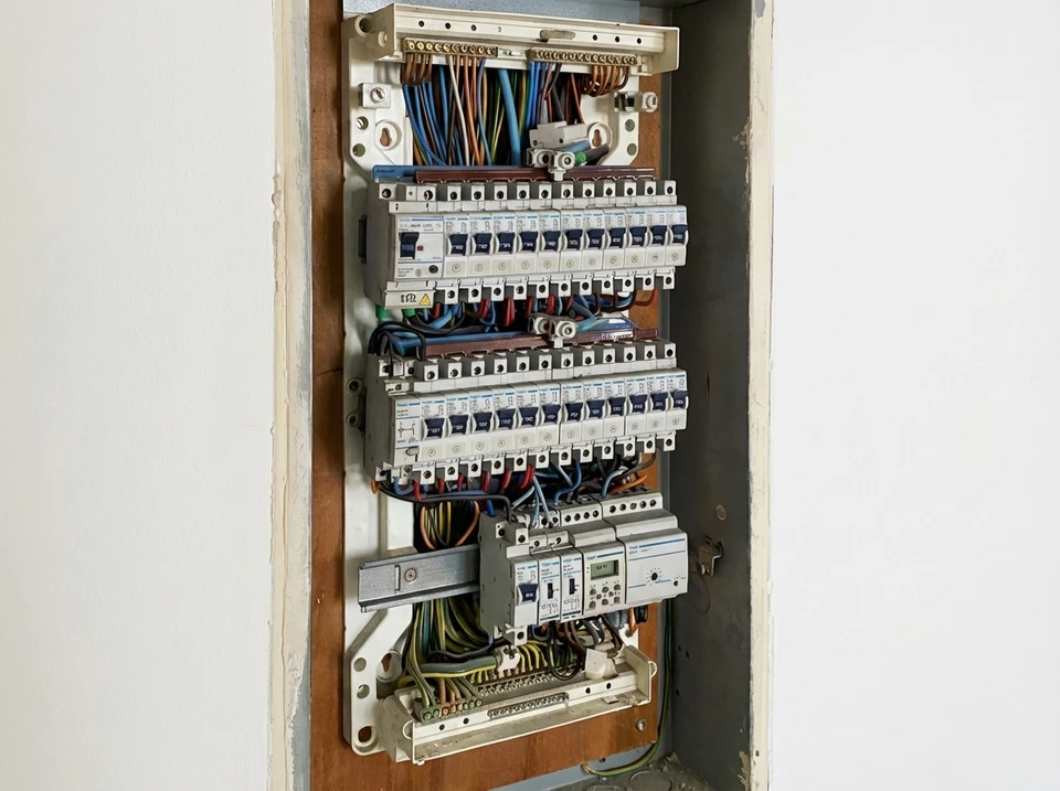 Électricien en intervention sur installation électrique domestique, utilisant un multimètre à pince jaune pour mesurer l'intensité du courant dans un tableau électrique